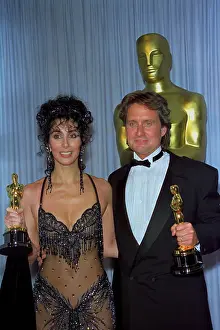 Cher Prints: Michael Douglas and Cher Posing with Oscars