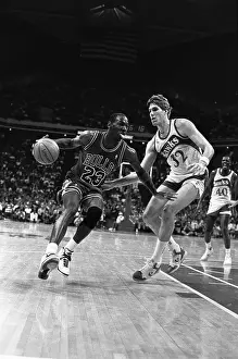 Michael Jordan Pushing Jon Koneck in Basketball Action