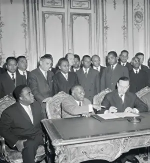 Michel Debre signing Madascar Independence