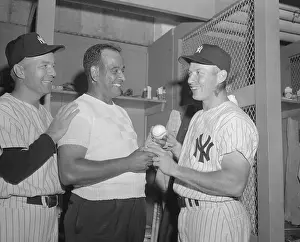 Mickey Mantle and Others Discussing Homer Baseball in Locker Room