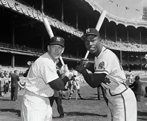 Teammate Prints: Mickey Mantle and Hank Aaron Holding Baseball Bats
