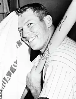 Towel Prints: Mickey Mantle Holding Baseball Bat in Locker Room