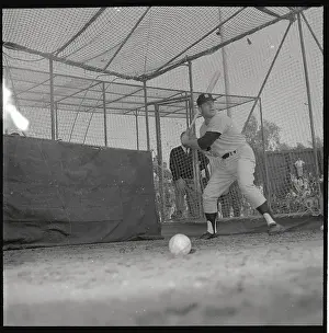 Mickey Mantle Practicing in Cage at Modesto Game
