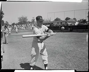 Mickey Mantle Swinging at Baseball in Training Camp