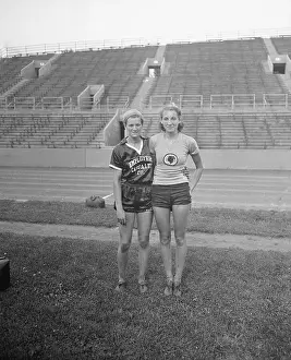 Evanston Prints: Mildred Didrickson and Jean Shiley Standing Together on Track Field