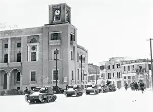 Albania Prints: Military Tanks in Front of Building