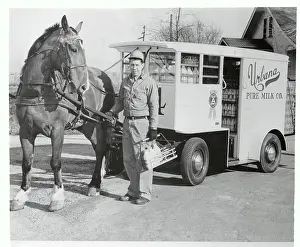 Champaign Prints: Milkman Standing Beside His Horse Drawn Milk Wagon