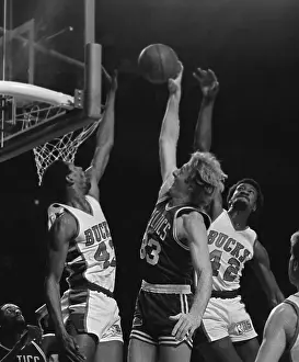 Milwaukee Bucks Trying to Block Larry Bird Shot