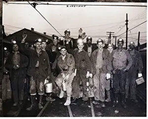 Hard Hat Prints: Miners with Headlamps Waving at Early Dawn