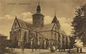Minster church in Hameln, Lower Saxony, Germany, postcard with text, view around ca 1910, historical, digital reproduction of a historical postcard, public domain, from that time, exact date unknown