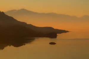 Break Of Dawn Prints: Misty morning on the Great Salt Lake showing White Rock Bay
