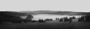 July Prints: Misty morning landscape, wide angle image (panorama)