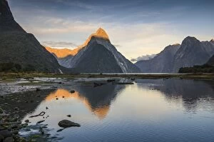 Mirrored Gallery: Mitre Peak in the morning light, Fiordland National Park, Milford Sound, South Island, New Zealand