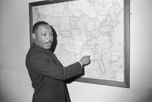 Selma Prints: M.L. King Pointing To Selma On Map Of Us