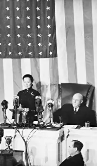 Speaking Prints: Mme Chiang Kai-Shek At Podium; Us Flag