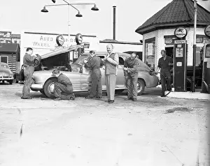 Gas Station Prints: Mobile Gas Station with Service Attendants and Car