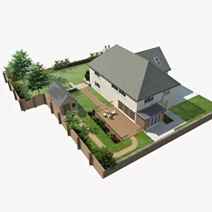Model of a house with patio, garden and garden shed