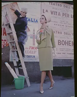 Ascot Prints: Model Posing in Light Green Suit with Hat
