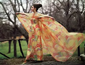 Florence Prints: Model Posing in a Twin-Print Evening Gown