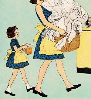 Chores Prints: Mom and Mini-Me Daughter Doing Laundry