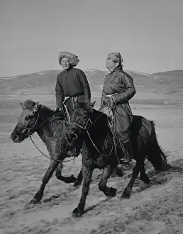 Mongolian Couple Traveling by Horses