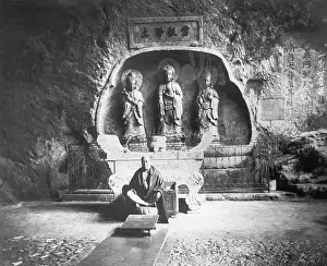 Buddhist Prints: Monk with Buddhist Statues