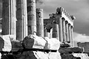 The Acropolis Of Athens Prints: Mono piles of stones before ruined Parthenon