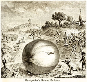 Montgolfier Balloon Gallery: Montgolfiers smoke balloon being attacked by frightened country folk