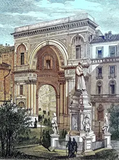 Entrances Prints: The monument of Leonardo da Vinci in front of the entrance to the Victor Emanuel Gallery in Milan