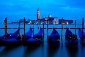 Venice Gallery: Moored Gondolas and the Island of Saint Giorgio Maggiore at Night