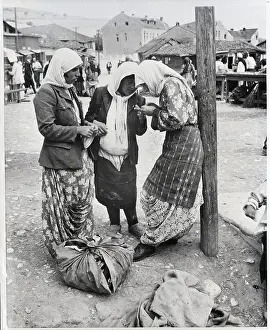 Albania Prints: Three Moslem Women Compare Purchases