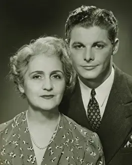 60 64 Years Prints: Mother and adult son, formal portrait, in studio, (B&W), portrait
