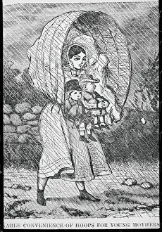 Mother Carrying Children in Rain with Covering