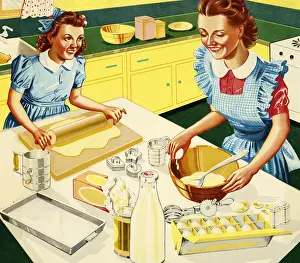 Mother and Daughter Baking in Kitchen