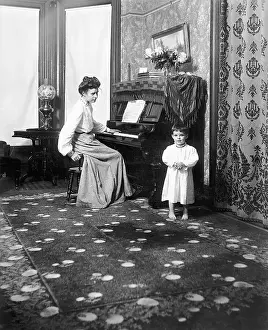 Piano Prints: Mother at Piano with Child in Nightshirt