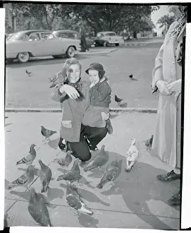 Mother and Son Feeding Pigeons