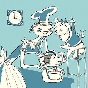 Csa Printstock Collection: Mother Using a Mixer While Child Watches in Highchair