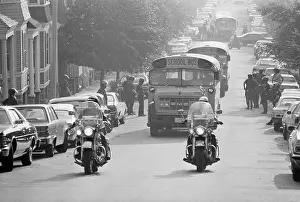 Motorcycling Prints: Motorcycle Police Escort School Bus