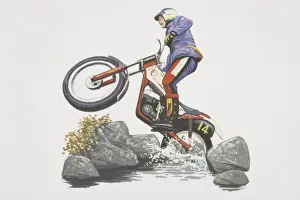 Vehicles Prints: Motorcycle rider performing a wheelie while negociating rocks and water