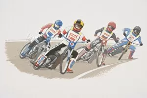 Motorcyclists racing on curved track, front view