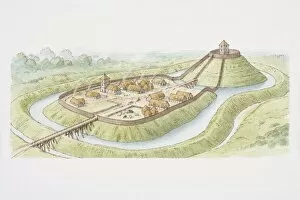 Motte-and-bailey castle, raised earth mound and enclosed courtyard, surrounded by water ditch