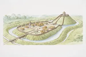 Protection Prints: Motte-and-bailey castle, raised earth mound and enclosed courtyard