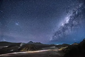 Mount Bromo volcano on night sky with milky way in Bromo Tengger Semeru National Park