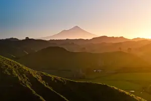 Taranaki Prints: Mount Egmont with hilly countryside