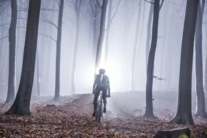 Images Dated 25th January 2016: Mountain biker in misty forest
