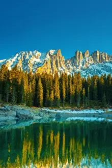 Peter Zelei Images Prints: Mountain lake surrounded by pine forest (Carezza Lake in the Latemar mountain range)