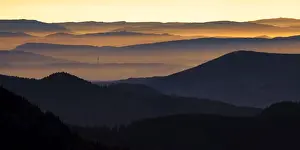 Mountains in evening light, View from Feldberg mountain to the Rhine Valley, atmospheric inversion, Black Forest, Baden-Wurttemberg, Germany