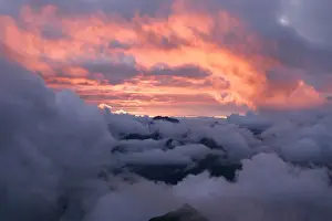 Sunsets Prints: Mountains shrouded in clouds at sunset, Arlberg, Vorarlberg, Austria, Europe