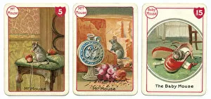 Noah's Art Victorian Card Game Prints Collection: Three mouse playing cards Victorian animal families game