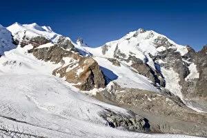 Mt Bernina summit with Biancograt ridge, Bellavista, left, view during the ascent to Mt Piz Palue